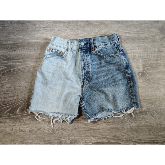 Pacsun 90s Girlfriend Cut Off Shorts‎ Two Color Panel Button Front Size 25 Denim - Picture 1 of 8
